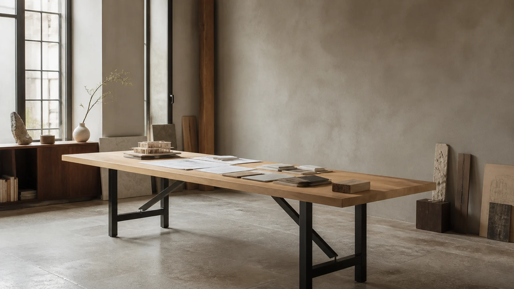 A custom solid oak table specified for a calm architecture studio