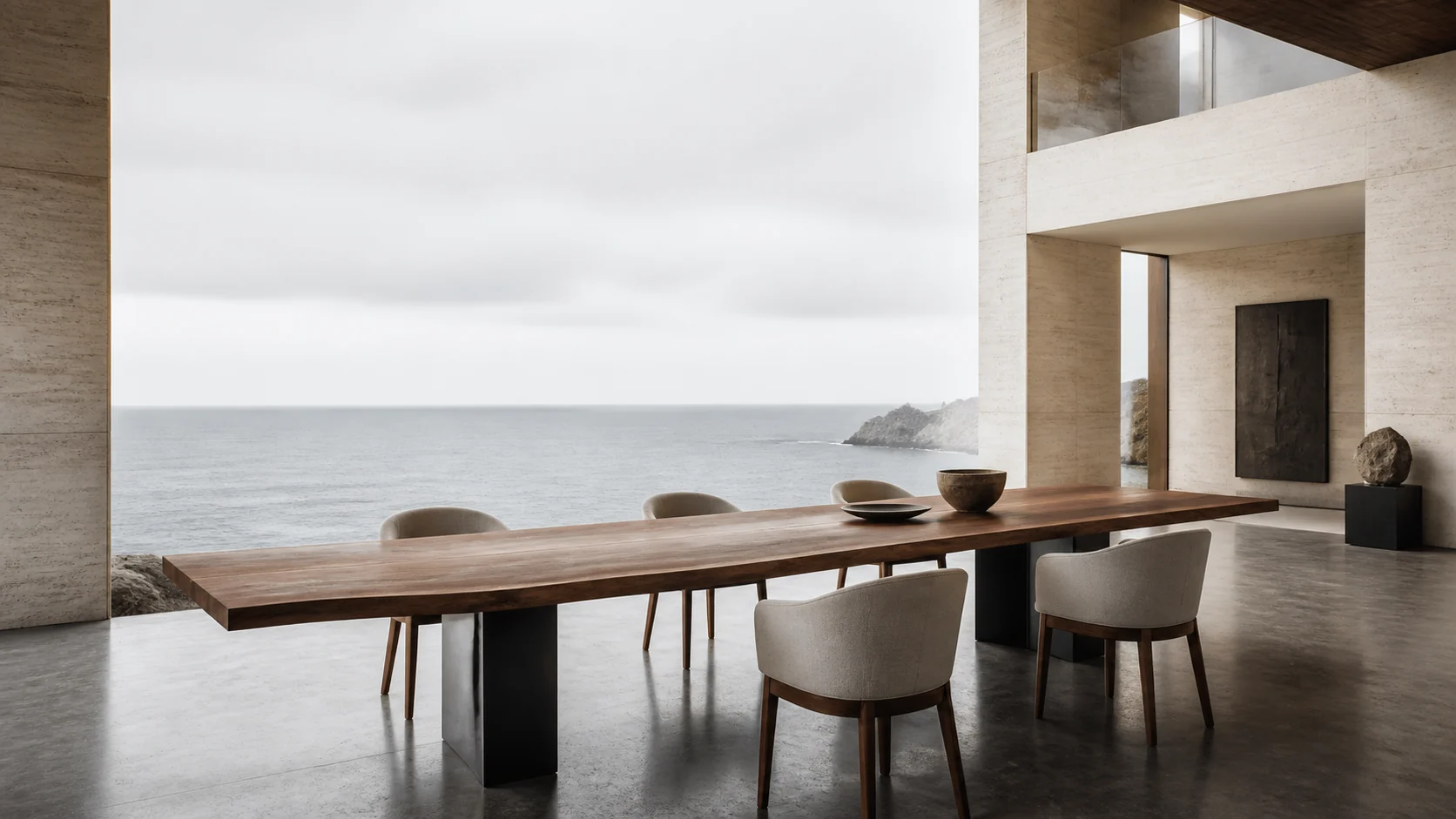 A made-to-measure four-metre walnut table in a pale coastal interior