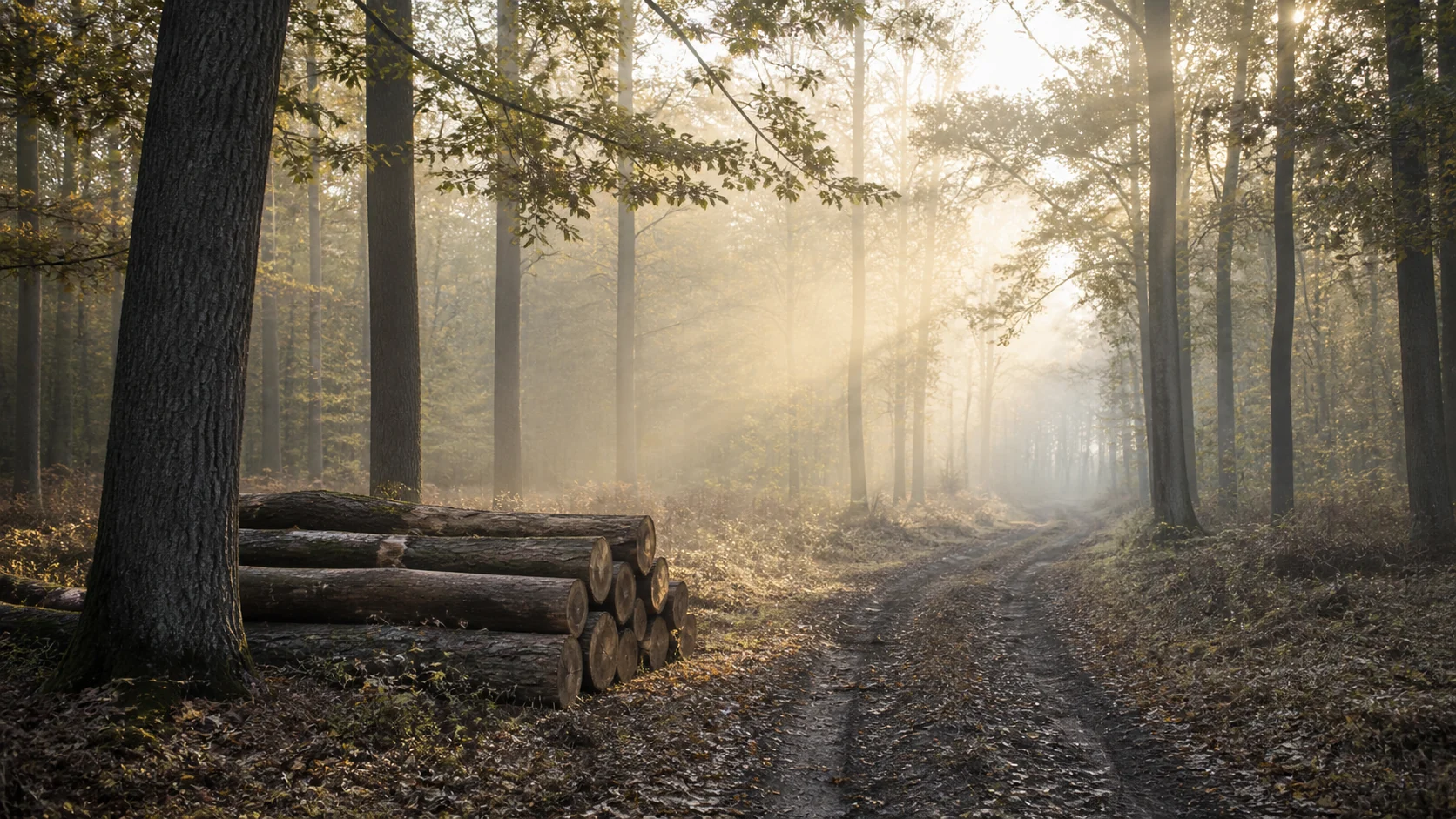 Selected hardwood logs at the edge of a responsibly managed European forest