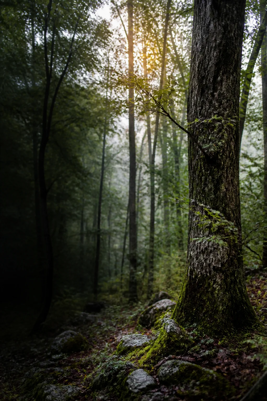 A mature hardwood tree in a misty Croatian forest after rain
