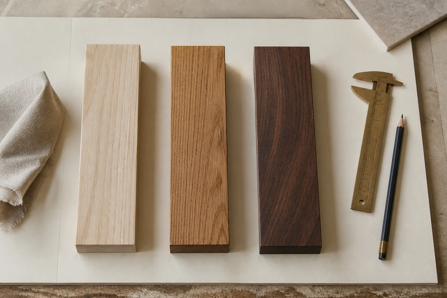 Ash, oak and walnut samples arranged with a brass caliper on specification paper