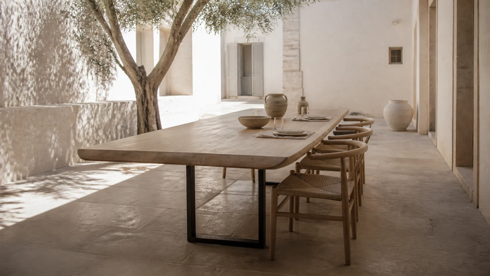 A solid ash table in a quiet Mediterranean courtyard