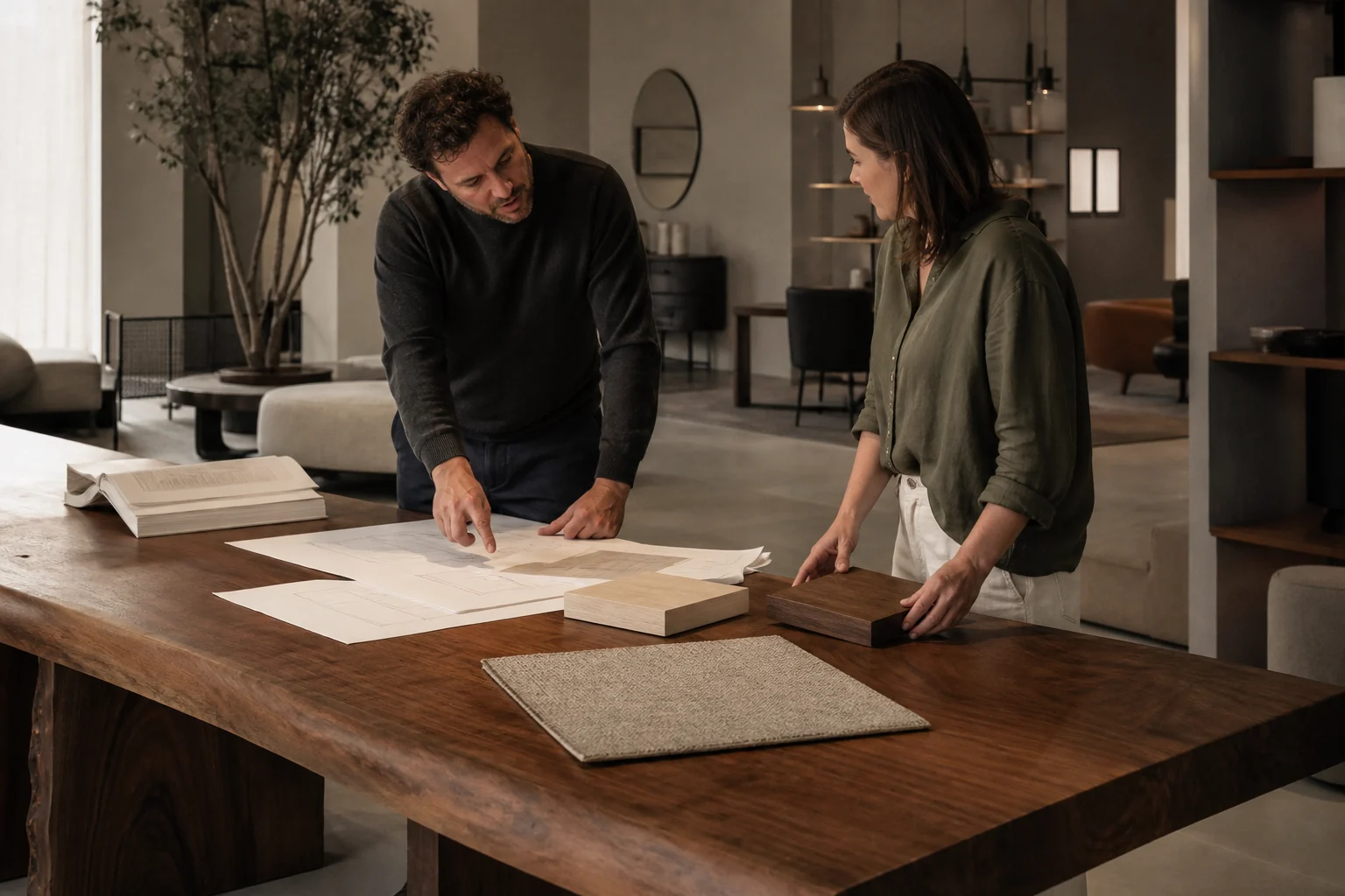 Two design professionals reviewing plans and wood samples at a walnut showroom table