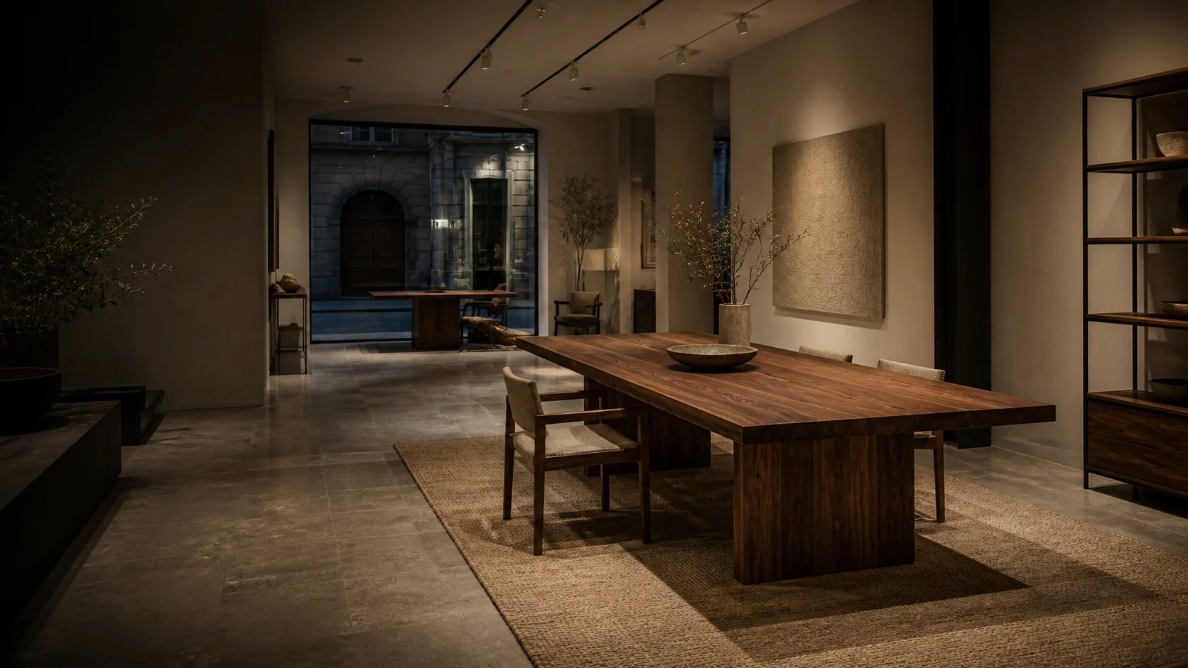 A monumental solid walnut table presented as the centrepiece of a refined design showroom