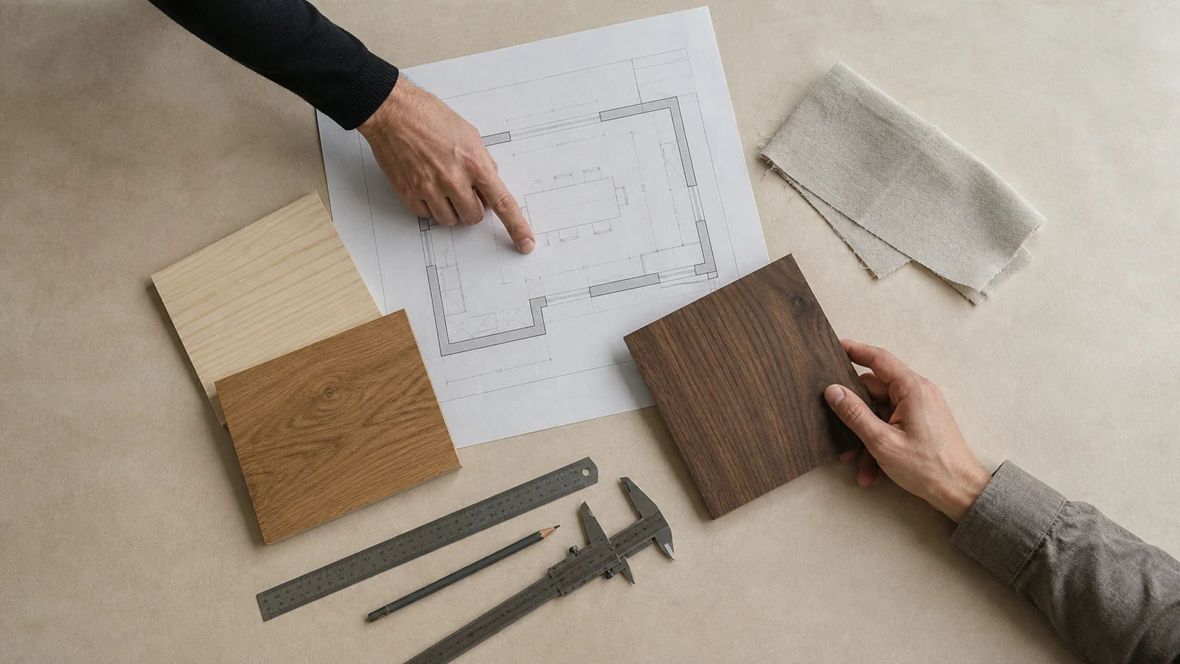 An architect and client compare ash, oak and walnut samples over a dimensioned room plan