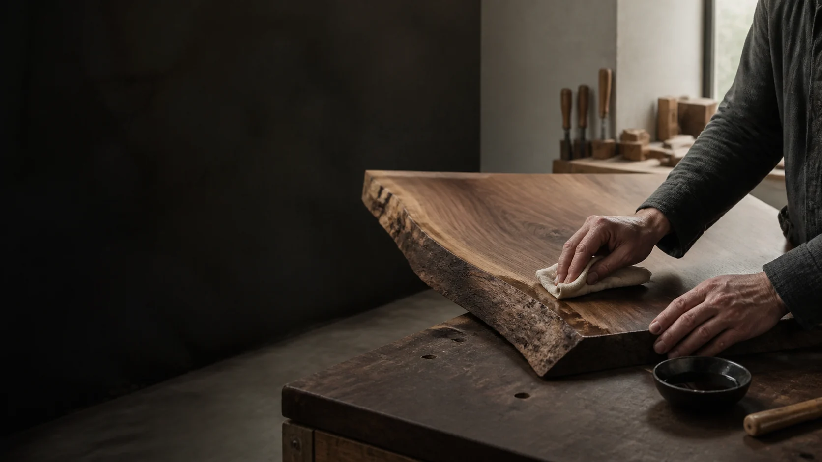A craftsperson hand-finishing the live edge of a solid European walnut tabletop